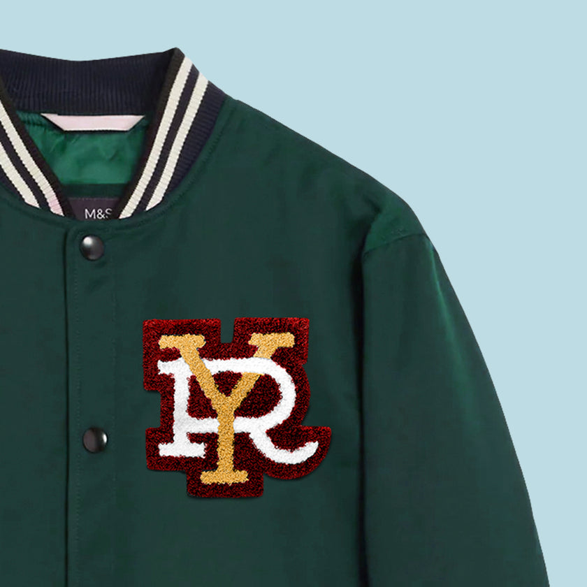 Chenille patch applied to varsity jacket